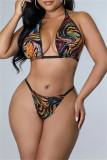 Multicolor Fashion Sexy Print Bandage Backless Halter Sleeveless Three-piece Set
