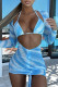 Blue Sexy Print Draw String Frenulum Swimwears Three-piece Set (With Paddings)