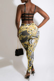 White Fashion Sexy Print Patchwork Backless Spaghetti Strap Sleeveless Two Pieces