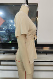 Apricot Sexy Street Print Patchwork Slit O Neck T-Shirts