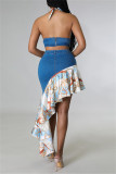 Blue Fashion Sexy Print Bandage Patchwork Backless Halter Sleeveless Two Pieces