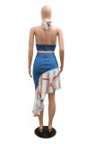 Blue Fashion Sexy Print Bandage Patchwork Backless Halter Sleeveless Two Pieces