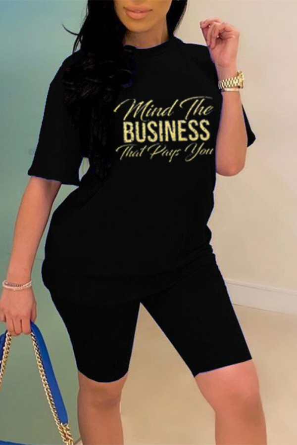 Black Fashion Casual Print Basic O Neck Short Sleeve Two Pieces