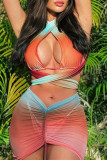 Multicolor Sexy Gradual Change Print Bandage Hollowed Out Backless Swimwears Three-piece Set (With Paddings)