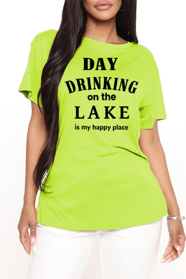 Fruit Green Plus Size Casual Letter Print Basic O Neck T-Shirts