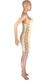 Khaki Fashion Sexy Solid Hollowed Out Backless V Neck Sling Dress