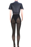 Black Sexy Print Patchwork See-through O Neck Short Sleeve Two Pieces