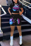 Blue Fashion Casual Print Basic O Neck Short Sleeve Two Pieces