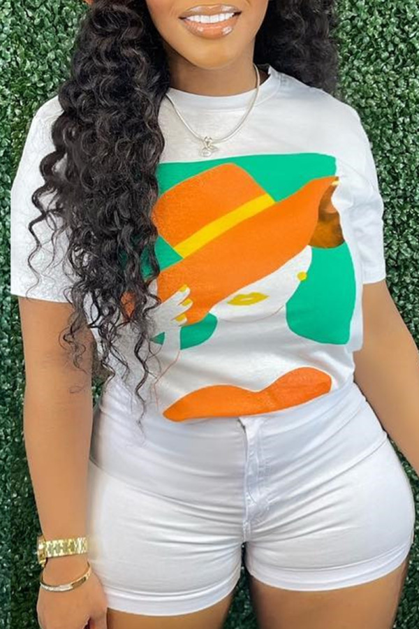 White Fashion Casual Print Basic O Neck T-Shirts