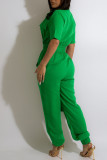 Green Casual Solid Patchwork Buckle Turndown Collar Regular Jumpsuits