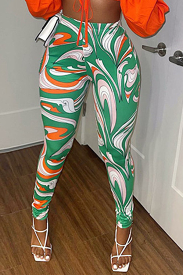 Green Fashion Casual Print Basic Skinny High Waist Pencil Trousers