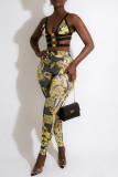 White Fashion Sexy Print Patchwork Backless Spaghetti Strap Sleeveless Two Pieces