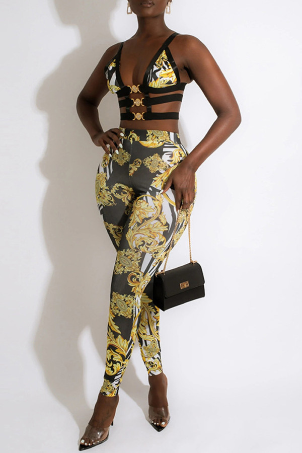 White Fashion Sexy Print Patchwork Backless Spaghetti Strap Sleeveless Two Pieces