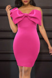 Rose Red Fashion Sexy Solid Patchwork Backless With Bow One Shoulder Evening Dress