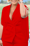 Red Fashion Casual Solid Tassel Patchwork Turndown Collar Two Pieces