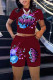 Red Fashion Casual Print Basic O Neck Short Sleeve Two Pieces