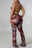 Multicolor Fashion Sexy Print Bandage Backless Halter Sleeveless Three-piece Set