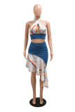 Blue Fashion Sexy Print Bandage Patchwork Backless Halter Sleeveless Two Pieces