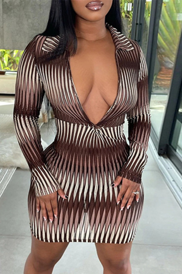 Brown Fashion Sexy Print Basic V Neck Long Sleeve Dresses
