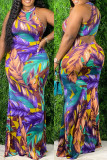 Multicolor Fashion Sexy Print Hollowed Out O Neck Sleeveless Dress