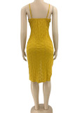 Yellow Sexy Solid Bandage Hollowed Out Patchwork Slit Spaghetti Strap Sling Dress Dresses
