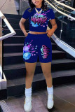 Blue Fashion Casual Print Basic O Neck Short Sleeve Two Pieces