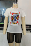 White Fashion Casual Print See-through O Neck Short Sleeve Two Pieces