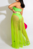 Fluorescent Green Sexy Solid Split Joint See-through Strapless Sleeveless Two Pieces