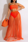 Tangerine Red Sexy Solid Split Joint See-through Strapless Sleeveless Two Pieces