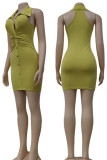 Green Sexy Solid Patchwork Buckle Turndown Collar Pencil Skirt Dresses