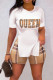 White Fashion Casual Print Basic O Neck Short Sleeve Two Pieces