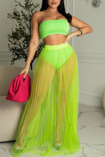 Fluorescent Green Sexy Solid Split Joint See-through Strapless Sleeveless Two Pieces