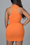 Tangerine Red Sexy Solid Patchwork Buckle Turndown Collar Pencil Skirt Dresses