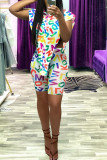 White Sexy Street Letter Print Patchwork Buckle Turndown Collar Sleeveless Two Pieces