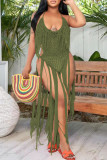 Army Green Sexy Solid Tassel Hollowed Out Split Joint Swimwears Cover Up