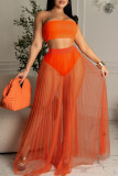 Apricot Sexy Solid Split Joint See-through Strapless Sleeveless Two Pieces