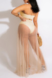 Apricot Sexy Solid Split Joint See-through Strapless Sleeveless Two Pieces