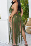 Army Green Sexy Solid Tassel Hollowed Out Split Joint Swimwears Cover Up