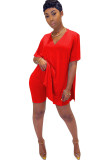 Red Fashion Casual Solid Two Piece Suits pencil Short Sleeve Two Pieces