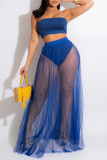 Blue Sexy Solid Split Joint See-through Strapless Sleeveless Two Pieces