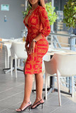 Red Casual Print Patchwork Slit V Neck One Step Skirt Dresses