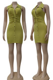 Green Sexy Solid Patchwork Buckle Turndown Collar Pencil Skirt Dresses