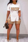 White Fashion Casual Print Basic O Neck Short Sleeve Two Pieces