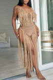Black Sexy Solid Tassel Hollowed Out Split Joint Swimwears Cover Up