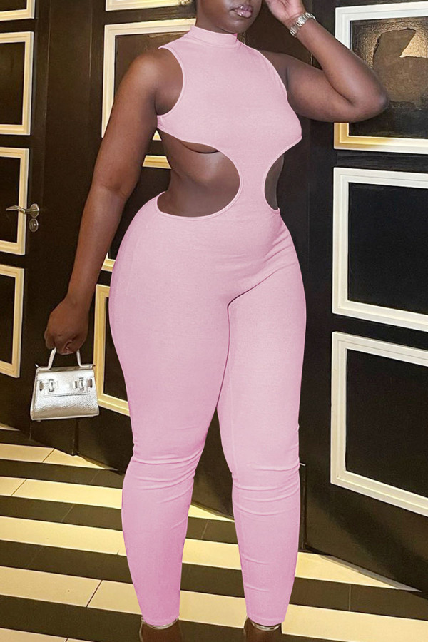 Pink Sexy Solid Patchwork Backless O Neck Regular Jumpsuits