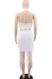 White Sexy Solid Tassel Patchwork Halter Sleeveless Two Pieces