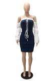 Deep Blue Fashion Casual Solid Patchwork Backless Off the Shoulder Long Sleeve Dresses