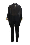 Black Fashion Casual Print Patchwork See-through O Neck Long Sleeve Two Pieces