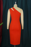 Tangerine Red Fashion Sexy Solid Patchwork Slit One Shoulder Evening Dress