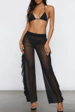 Black Sexy Solid Patchwork See-through Flounce Halter Three Pieces